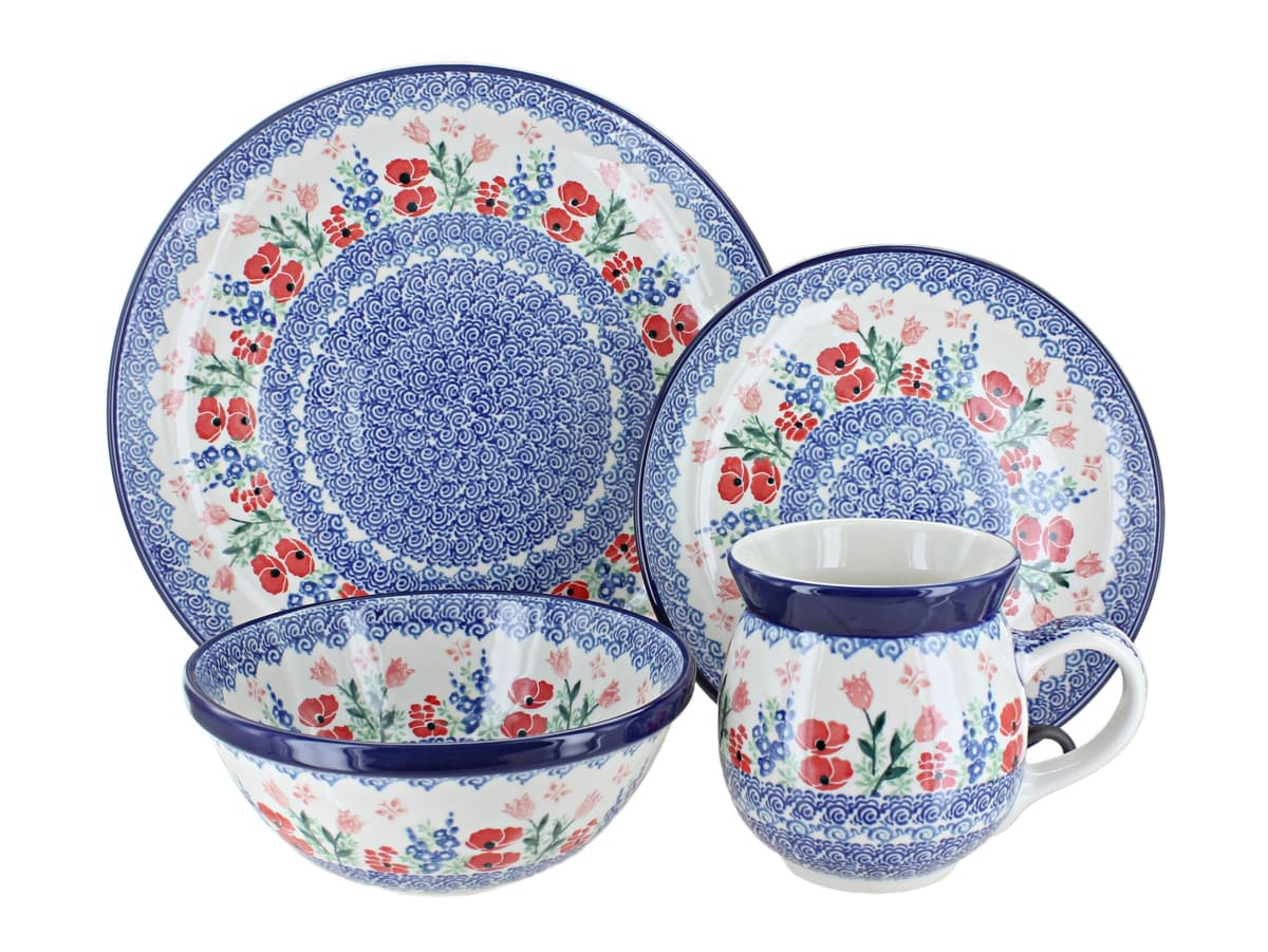 Blue Rose Polish Pottery Pink Dreaming of Poppies Set de Cena 16 Piezas - 4 Servicios 1000-3220X-4