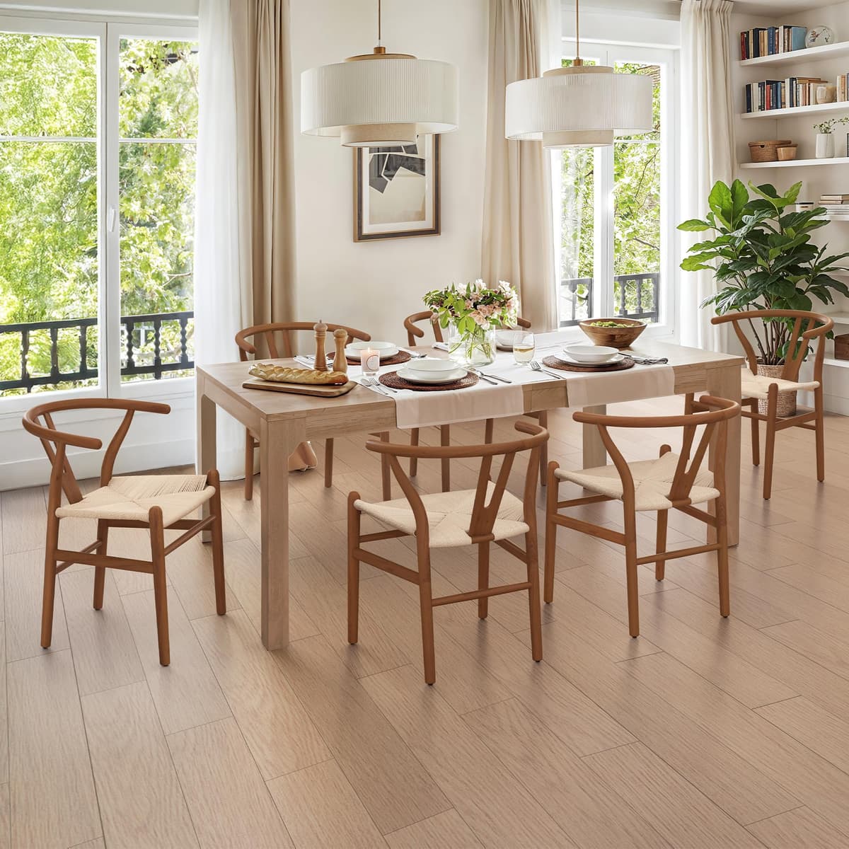 LUE BONA Juego de 6 sillas Wishbone de madera maciza estilo mid-century (Nogal)