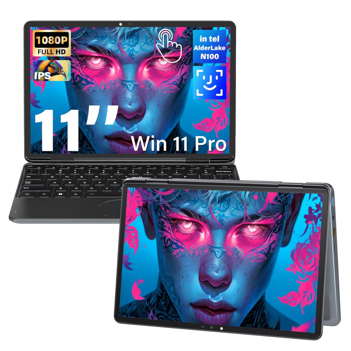 Svikou 11" Gris Portátil Convertible 2 en 1 con Pantalla Táctil, FHD (1920x1200) IPS, Procesador Intel N100, 16 GB RAM, 1 TB SSD, Reconocimiento Facial, Teclado Retroiluminado, USB-C, Windows 11 Pro para Estudiantes y Viajes HL110YP