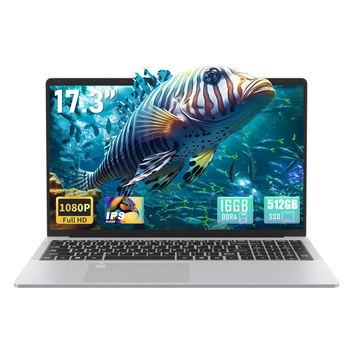 Svikou 17.3" FHD (1920 x 1080) IPS Laptop Comercial, 16 GB DDR4 RAM, 512 GB SSD, Procesador Celeron N5095 de cuatro núcleos, Windows 11 Pro, HDMI, Lector de huellas, Teclado retroiluminado, BT 5.0/WiFi, Plateado
