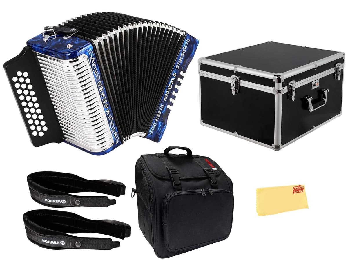 Hohner Corona II G/C/F Acordeón - Pearl Dark Blue con case rígido, gig bag y accesorios AUS-3500GBL-2022-COMBO-PRO
