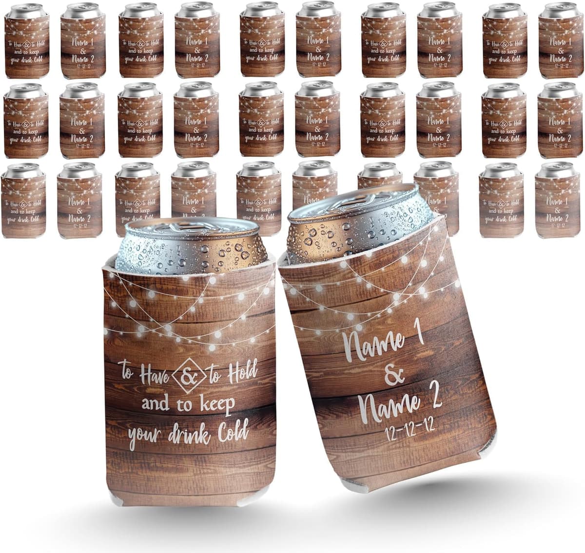 VictoryStore Can Coolers personalizados para bodas “To Have & To Hold and To Keep Your Drink Cold” - Diseño rústico madera 20189