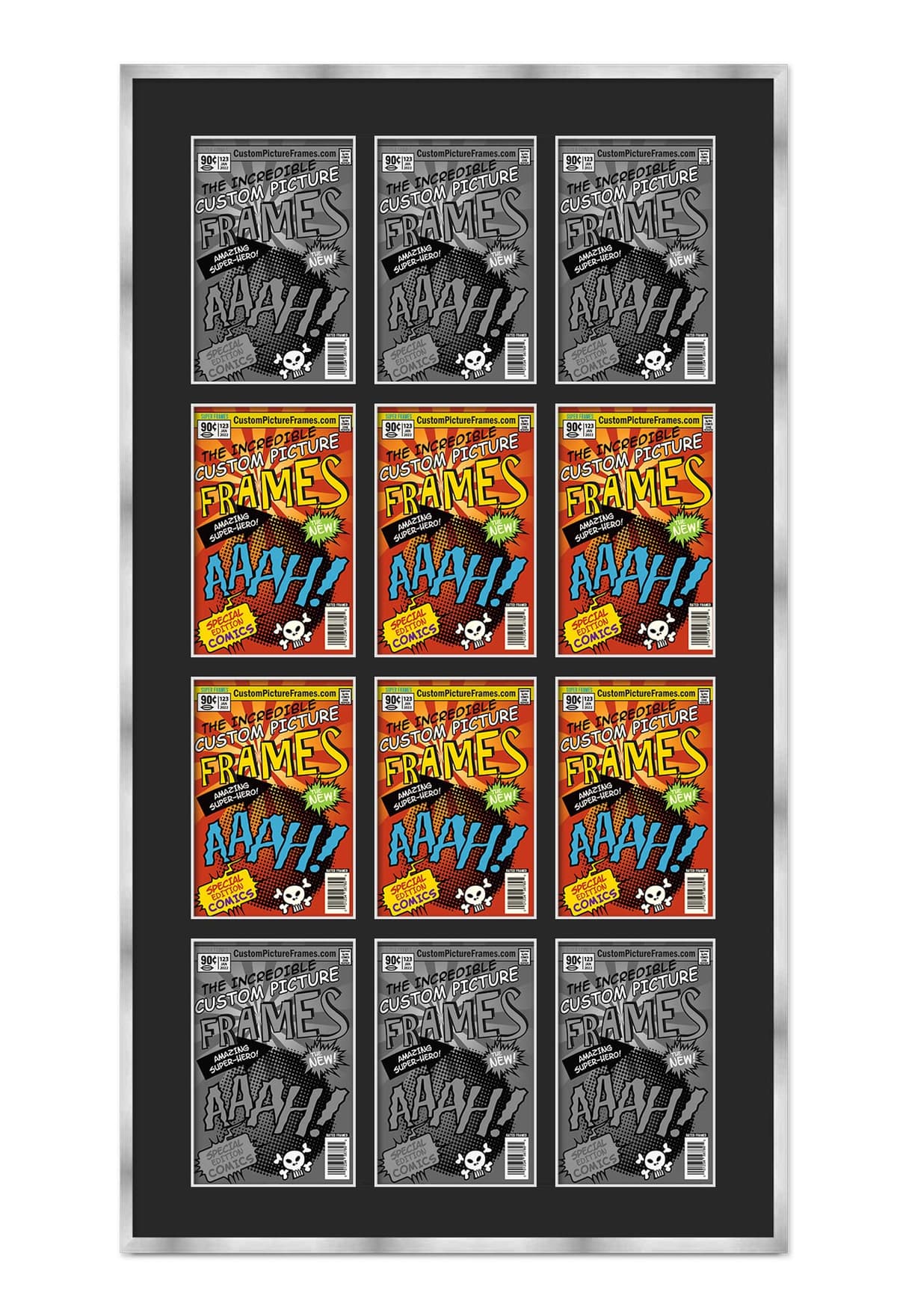 CustomPictureFrames.com Marco Collage para 12 Cómics Plata con Paspartú Negro F9935_29x50.5_COM-162