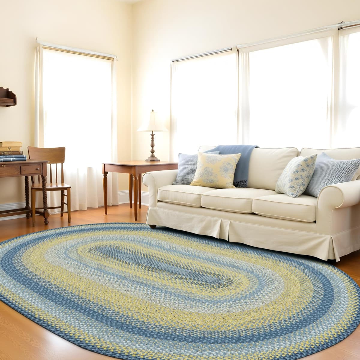 Homespice Sunflowers Blue Oval Area Rugs 5x8 - Alfombra ovalada artesanal de algodón, suave y fácil de limpiar A404312
