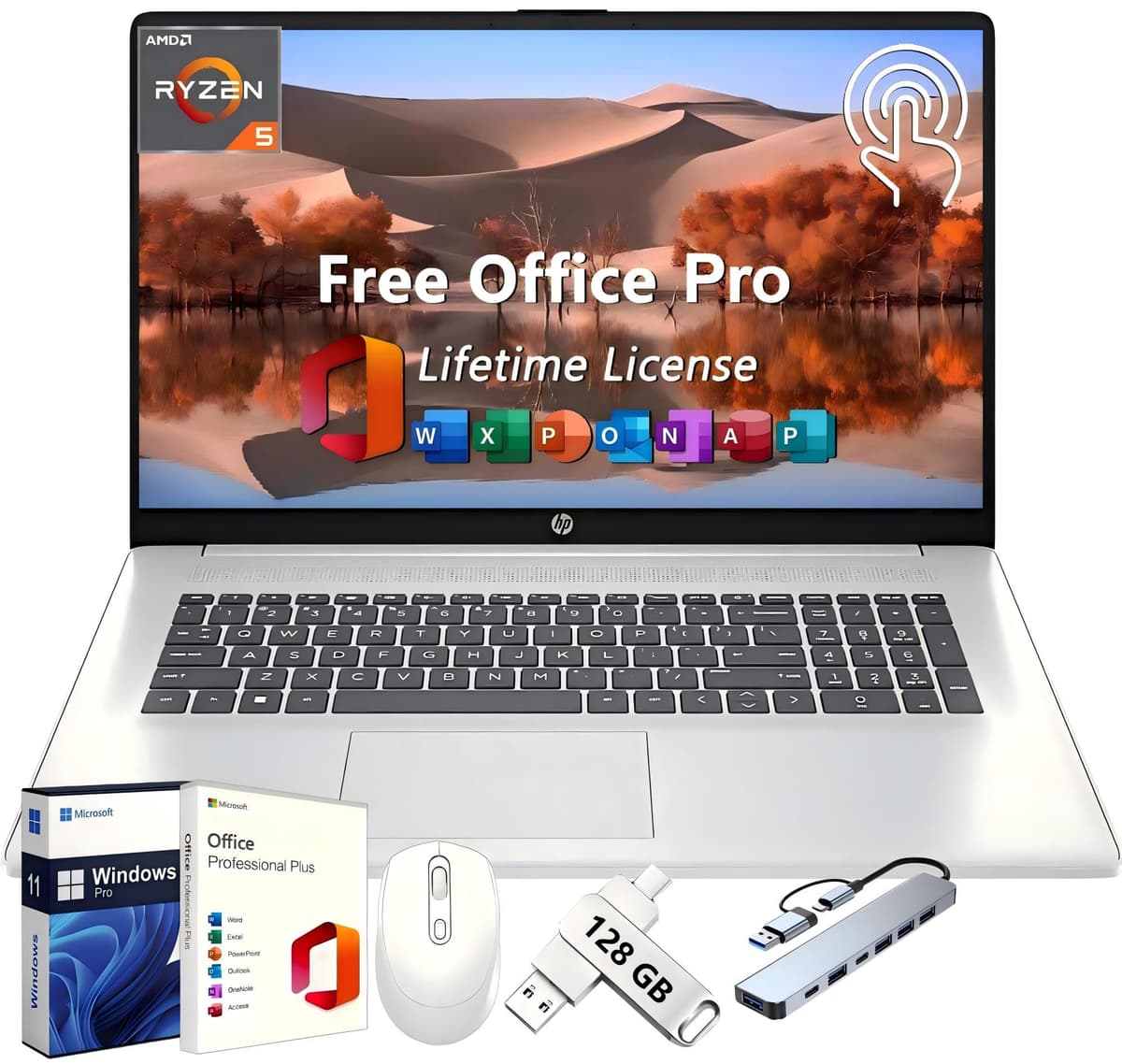 HP 17 Laptop para Negocios, 17.3" HD+ Táctil, Licencia Perpetua de Office Pro, 32 GB RAM, 1 TB SSD, AMD Ryzen 5 7530U de 6 Núcleos, Gráficos AMD Radeon, Cámara HD, Wi-Fi 6, Windows 11 Pro, con Accesorios HP 17.3 Touchscreen Laptop