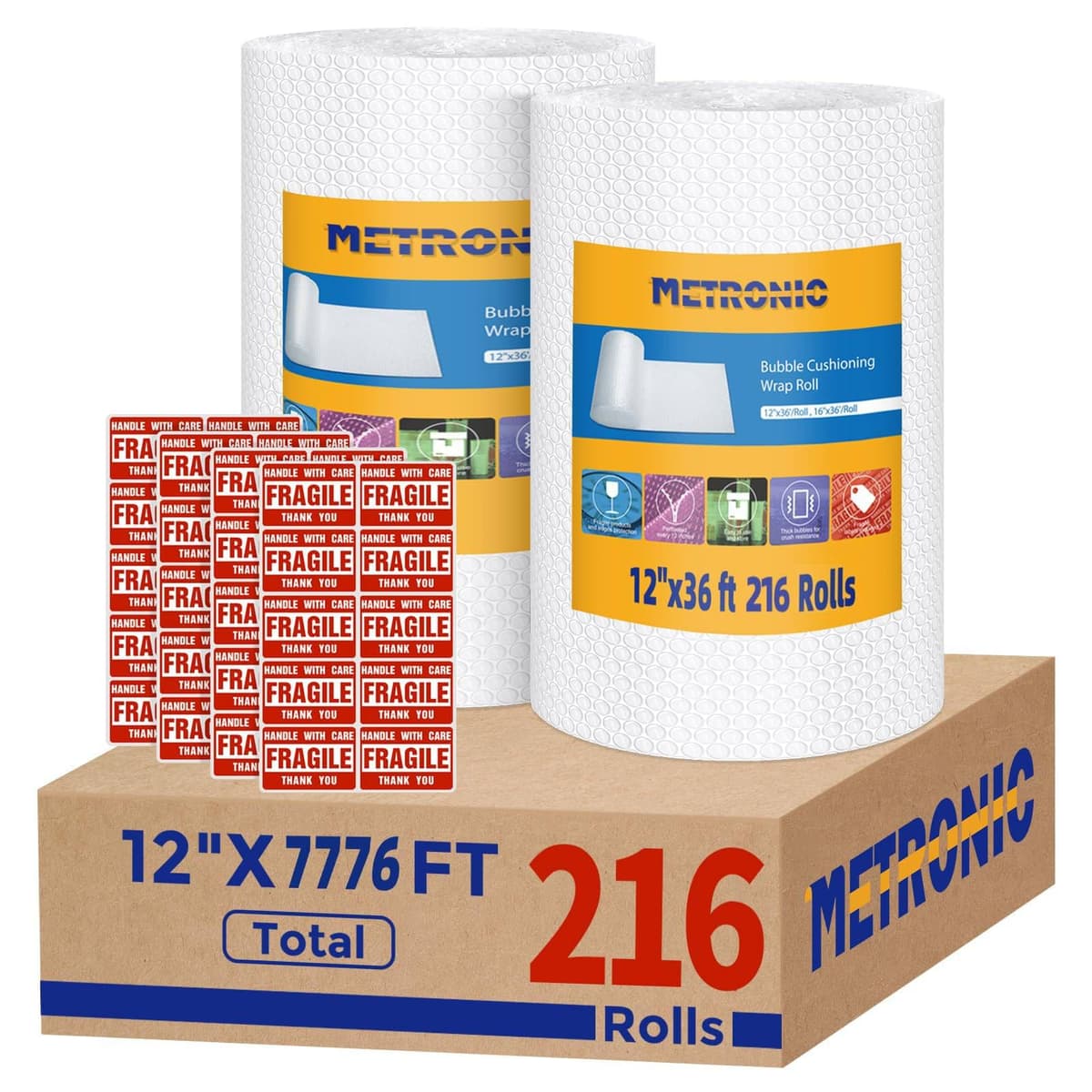 Metronic Bubble Cushioning Wrap 216 Pack 12 Inch x 7776ft - Rollos burbuja perforados
