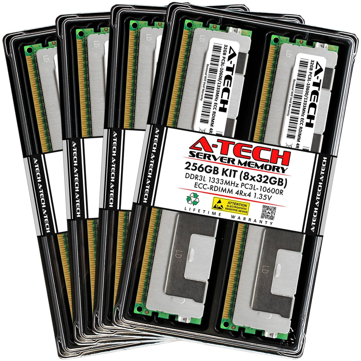 A-Tech Kit de 256GB (8x32GB) DDR3/DDR3L 1333MHz PC3L-10600R ECC RDIMM 4Rx4 Quad Rank 1.35V DIMM Registrado de 240 Pines Módulos de Memoria RAM para Servidor (Serie A-Tech Enterprise) AT32G8D3D1333RQ4N135V