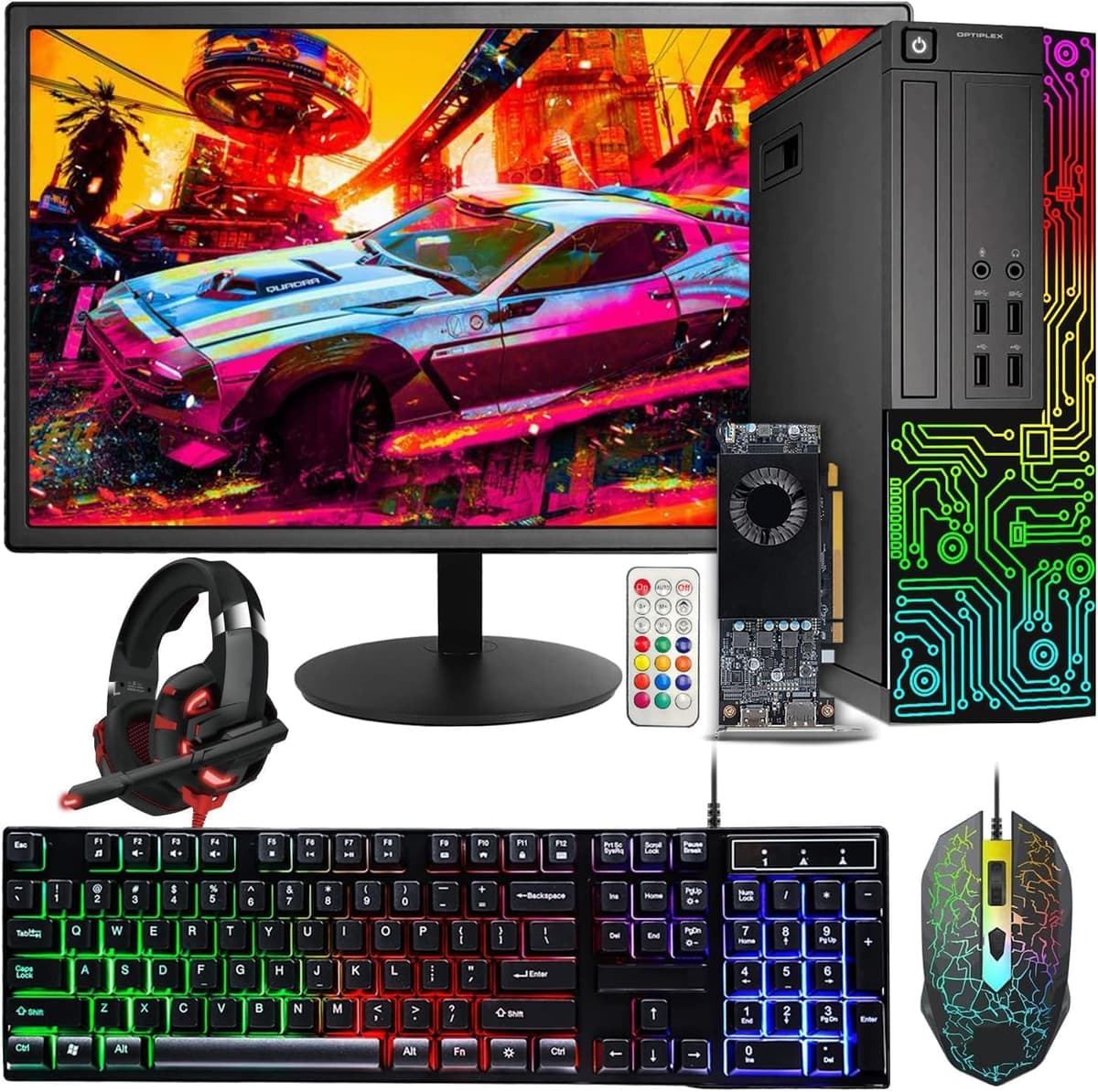Computadora de Escritorio Dell Gaming OptiPlex RGB, Intel Core i5, Radeon RX 550 4GB, 16GB RAM, 512GB SSD, Monitor 24 pulgadas HDMI, Teclado, Mouse y Auriculares RGB, WiFi, Windows 11 Pro (Reacondicionado)