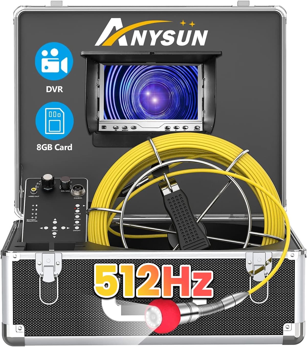 Anysun Cámara de inspección de alcantarillado 165ft con transmisor 512Hz y DVR, monitor 7" (8 GB SD incluida) 7D1-512T-50M