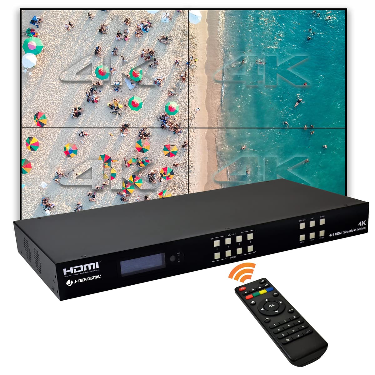 Controlador de Video Wall Multiviewer con Matriz de Conmutación Seamless J-Tech Digital 4K 2x2 4K60Hz | Entrada 4K60Hz y Salida 4K30Hz, Compatible con HDMI, HDCP, RS-232, LAN, Downscale & Upscale, Control Web