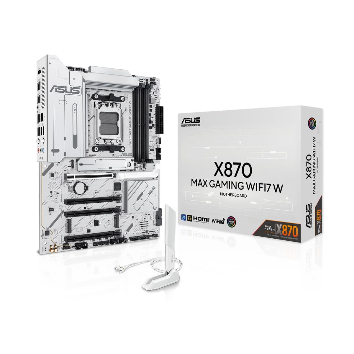 Placa base ASUS X870 MAX Gaming WIFI7W Socket AMD AM5 (Ryzen 9000, ATX, Memoria DDR5, PCIe 5.0, WiFi 7, Aura Sync, Liberador de ranura PCIe Q-Release, CEC Nivel II, Blanca) 90MB1LZ0-M0EAY0