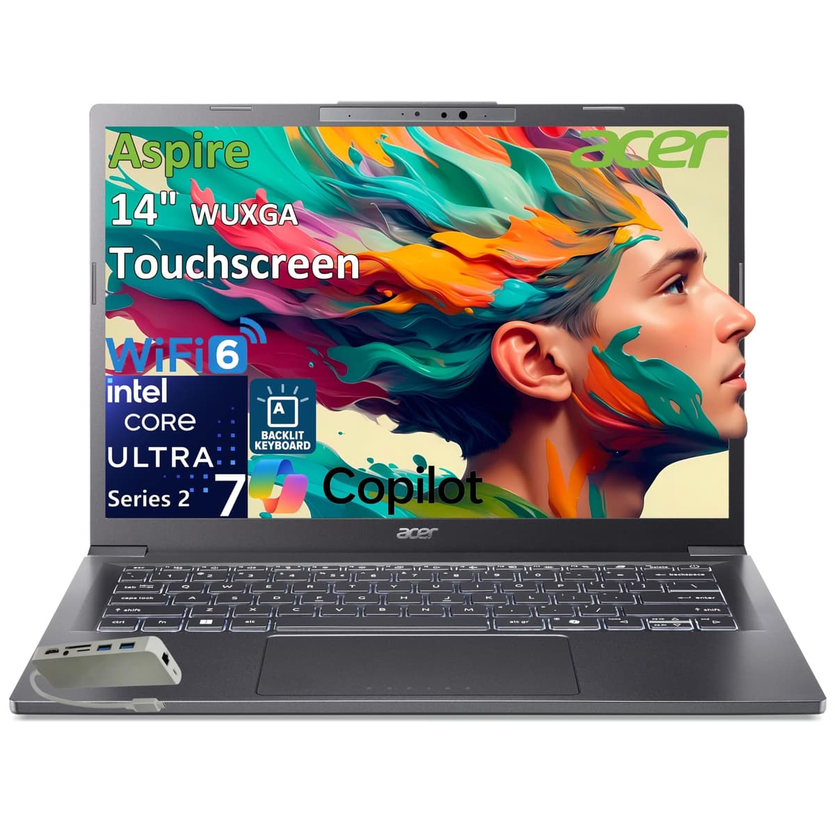 acer Aspire 14 Laptop, Intel Core Ultra 7 258V, 32 GB LPDDR5X, 1 TB PCIe SSD, pantalla táctil IPS WUXGA de 14", Intel ARC 140, AI Copilot+ PC, Wi-Fi 6E, teclado retroiluminado, Windows 11 Home, HUB Type-C A14