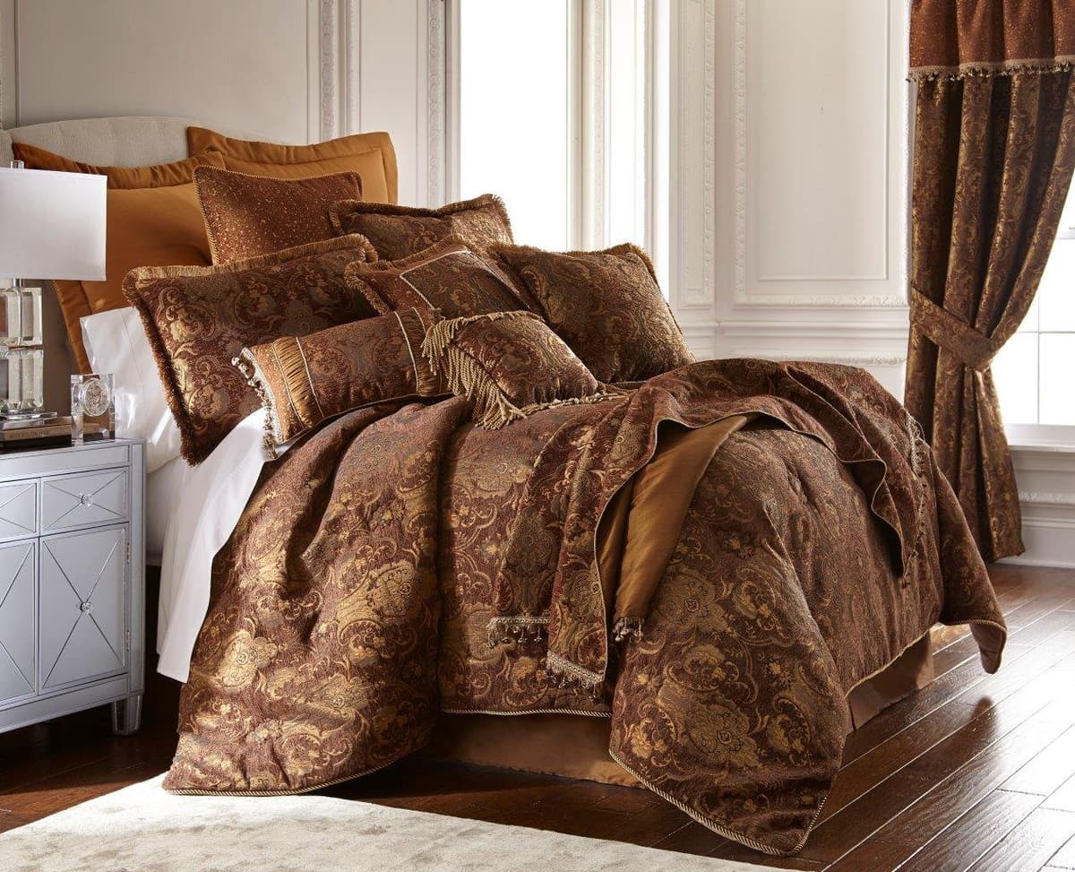 Juego de Edredón King Size Sherry Kline China Art con Falda de Cama, 2 Fundas de Almohada, 2 Fundas Decorativas y Edredón, Conjunto Floral de Cama Lujoso y Estiloso (6 Piezas, Marrón, 90 x 92 pulgadas)