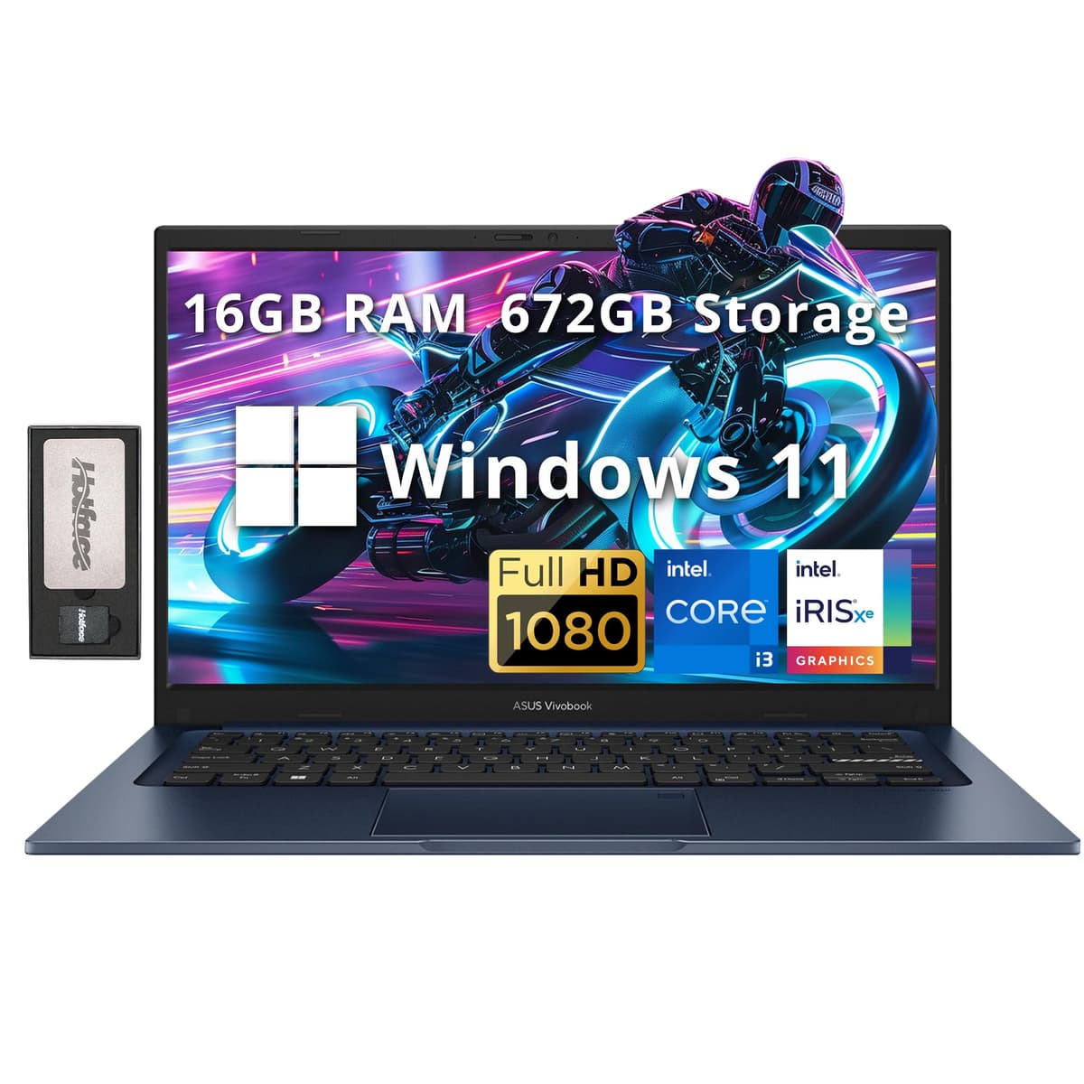 ASUS Vivobook 14" FHD Antirreflejo, Intel i3-1215U, 16GB RAM, 672GB Almacenamiento (512GB SSD + 160GB Estación de Acoplamiento), Cámara HD, WiFi 6E, Bluetooth, Gráficos Intel Iris Xe, Win 11, Azul Quiet