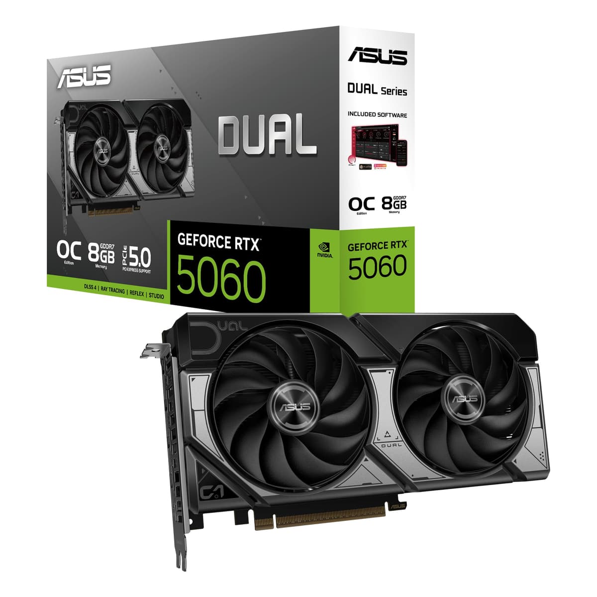ASUS Dual GeForce RTX 5060 8GB GDDR7 OC Edition (PCIe 5.0, 8GB GDDR7, DLSS 4, HDMI 2.1b, DisplayPort 2.1b, diseño de 2.5 ranuras, ventilador axial, tecnología 0 dB y más) 90YV0N12-M0NA00