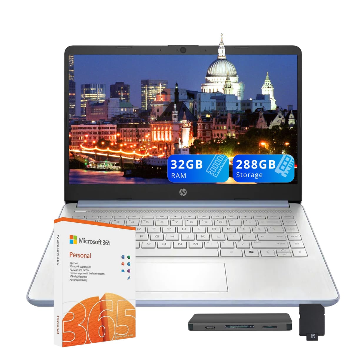HP Flagship portátil estudiantil y de negocios 14" HD, CPU Intel N150 (supera a i3-1115G4), 32GB RAM, 288GB almacenamiento (128GB UFS + 160GB conjunto docking), con 1 año Office 365 y AI-Copilot, webcam, Bluetooth, Windows 11 S, azul HP Stream
