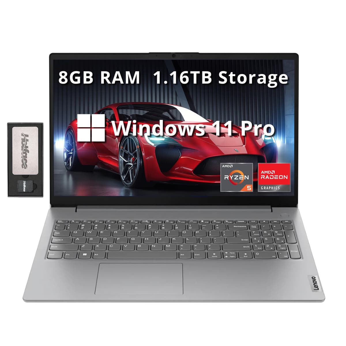 Lenovo V15 Gen 4 15.6" FHD Laptop empresarial, AMD Ryzen 5 7520U, 8GB LPDDR5, 1.16TB de almacenamiento (1TB SSD + estación de acoplamiento 160GB), Gráficos AMD Radeon 610M, teclado numérico, cámara web, Windows 11 Pro, Gris Ártico