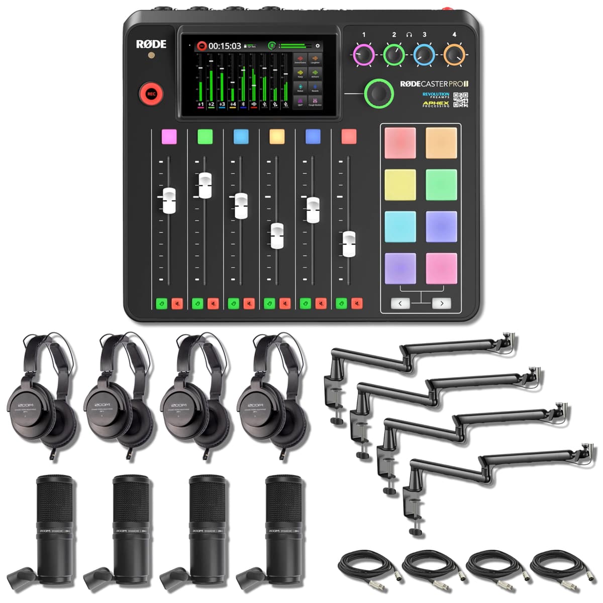 Rode RODECaster Pro II - Consola de producción con 4x Zoom ZDM-1 y 4x brasos StreamEye LowPro Rodecaster Pro 2