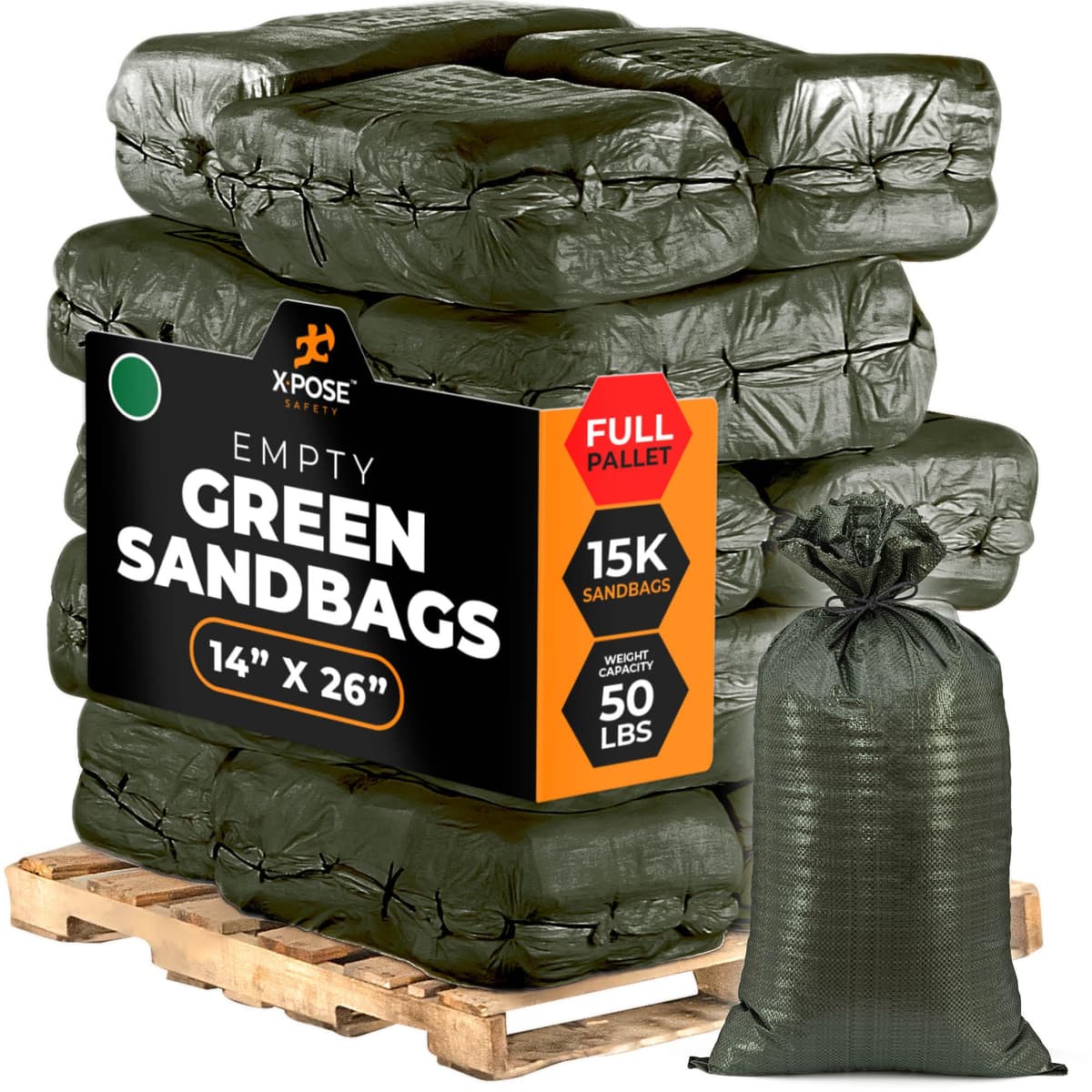 Xpose Safety sacos de arena vacíos 14" x 26" 50 lb, polipropileno resistente, verde, paquete pallet completo 15,000 SBG-1426-FP15000-X