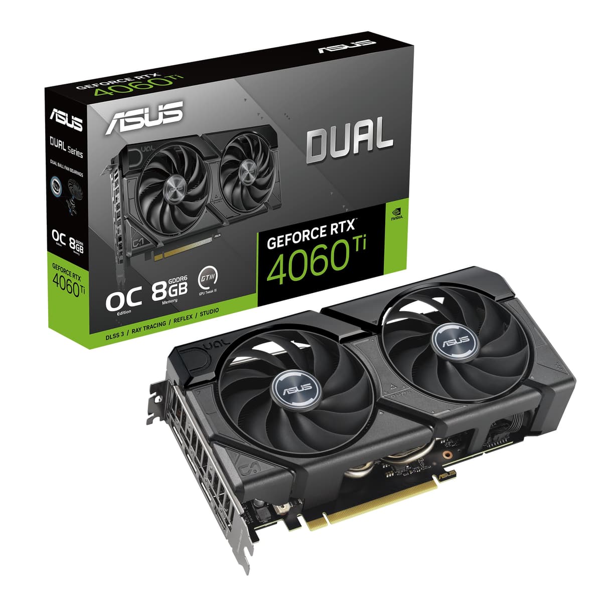 ASUS Dual GeForce RTX 4060 Ti EVO OC Edition 8GB GDDR6 (PCIe 4.0, 8GB GDDR6, DLSS 3, HDMI 2.1a, DisplayPort 1.4a, diseño de ventiladores Axial-tech, tecnología 0dB, placa trasera protectora, Auto-Extreme Technology) DUAL-RTX4060TI-O8G-EVO