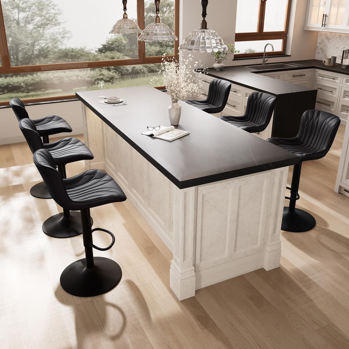 YOUNIKE Set de 6 taburetes de bar negros giratorios, altura ajustable, respaldo y asiento acolchado de piel sintética