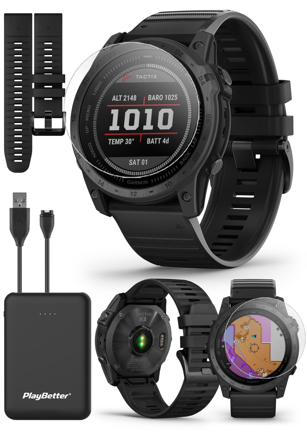 PlayBetter Garmin tactix 7 Power Bundle - Reloj táctico GPS con cargador portátil y protectores de pantalla 010-02704-00 (Watch) | Z05 (Charger)