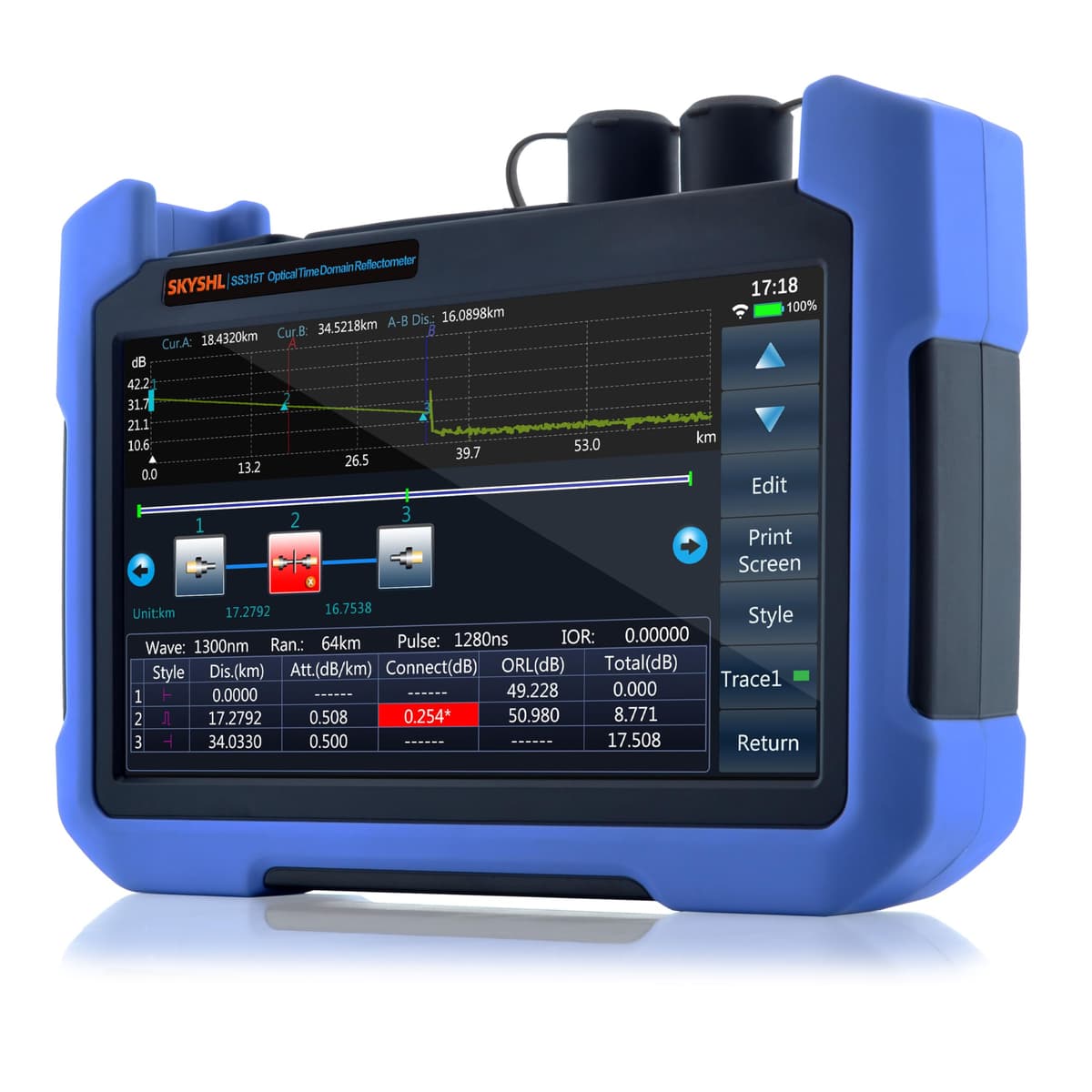 SKYSHL SS315T-2MM1 OTDR MM 850/1300nm con OPM, OLS y VFL