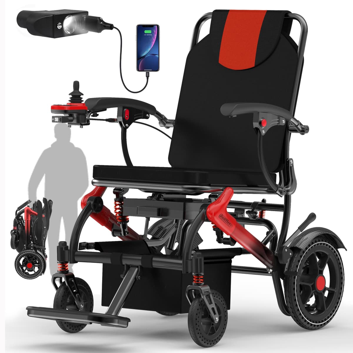 JUSTHERO Silla de ruedas eléctrica plegable para adultos - 36LBS, 15 Miles, 500W Brushless, soporta 350 LBS - Red
