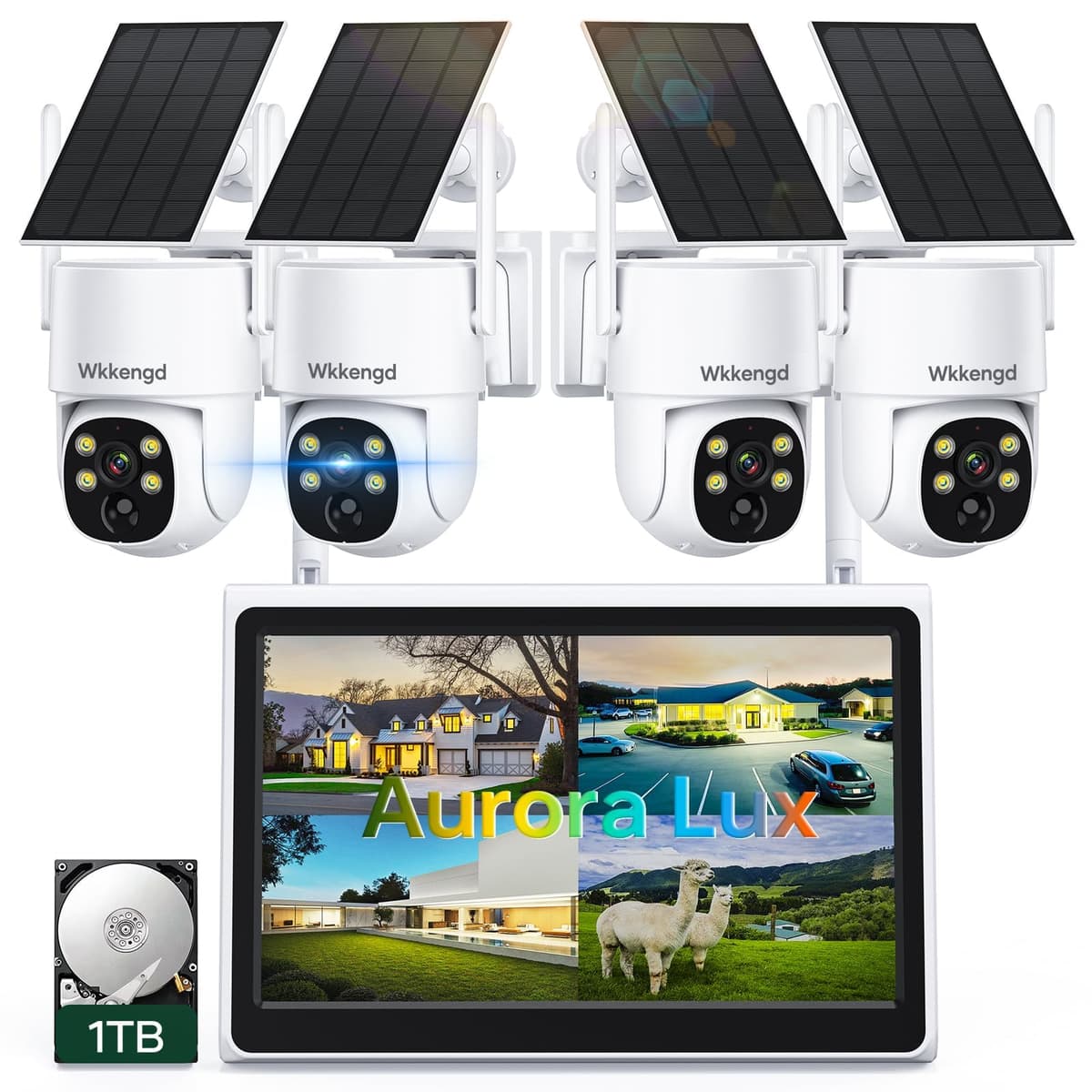 Sistema de Cámara Inalámbrica Wkkengd Solar con Monitor de 10", Cámaras PTZ de Batería 2K F1.0 Súper Abertura para Seguridad del Hogar, HDD de 1TB Preinstalado, Visión Nocturna en Color Real Aurora Lux WKSL-BL43M10IN