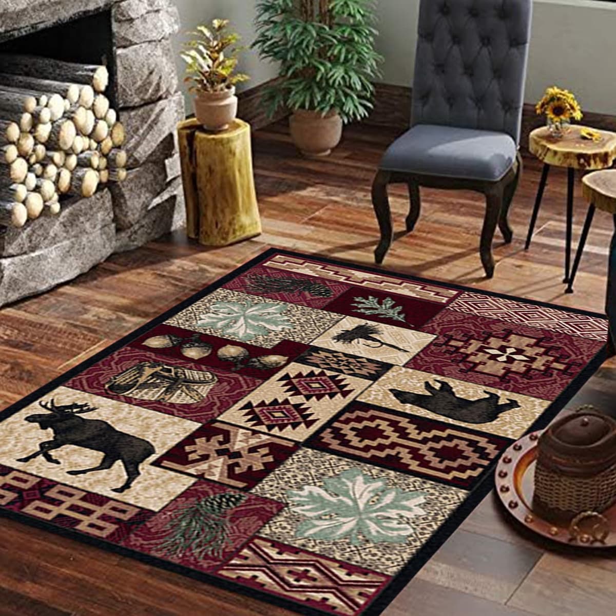 Mothy Alfombra estilo cabaña rústica con motivos de fauna (oso/ciervo/alce) 9x12ft