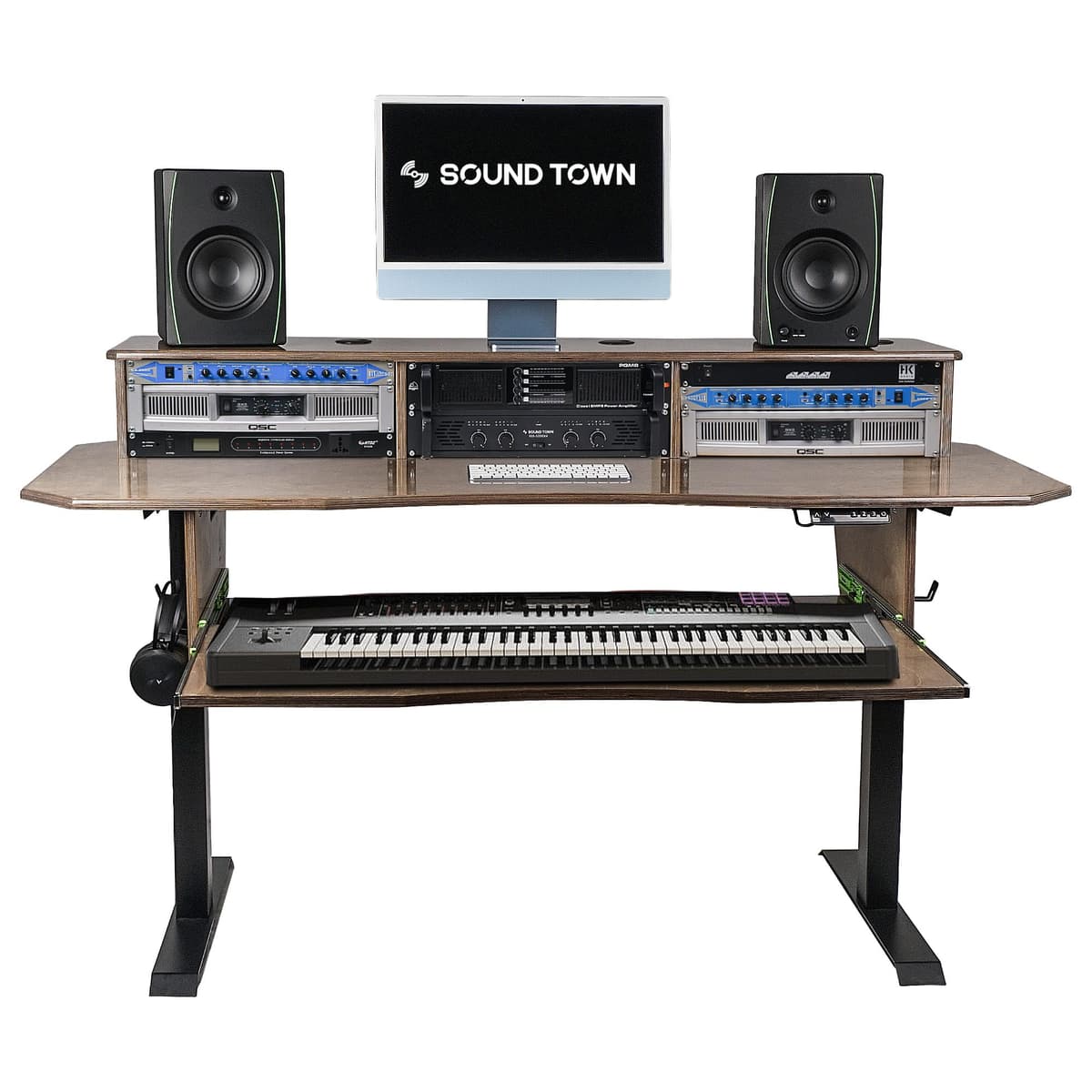 Sound Town SDRK-SD1B Escritorio Estudio Ajustable Eléctrico, 3x4U Rack, Bandeja Teclado, Weathered Brown