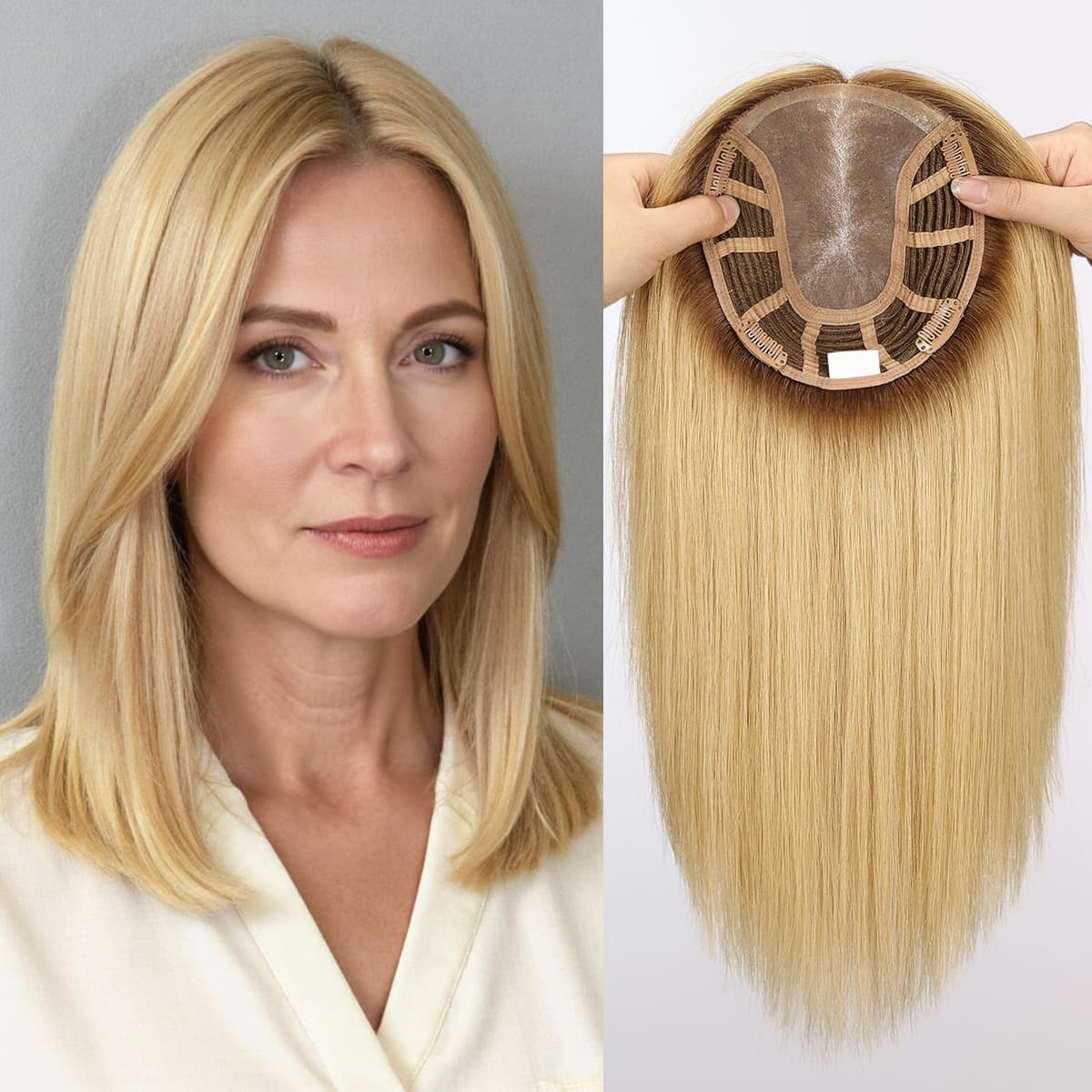 Topart Topper Mono Top Remy 14" Base 6"x7" para Mujeres Cabello Humano Virgen (Rubio Mezclado Castaño) HTMN9002-2BL14