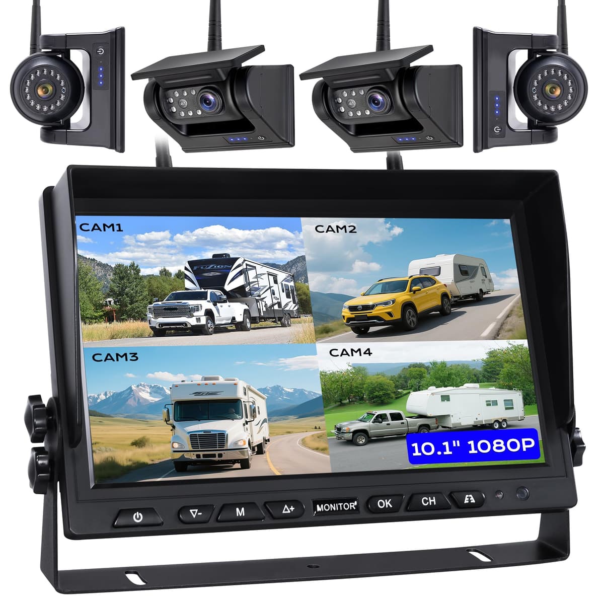 WOOCARTY 10.1" 4 Cámaras Inalámbricas Magnéticas para Reversa de RV, Monitor DVR HD1080P, IP69 Impermeable y Visión Nocturna IR, 4 Cámaras Recargables 9600mAh, 2 Cámaras Laterales y 2 Traseras para Remolque Camión Camper WS104