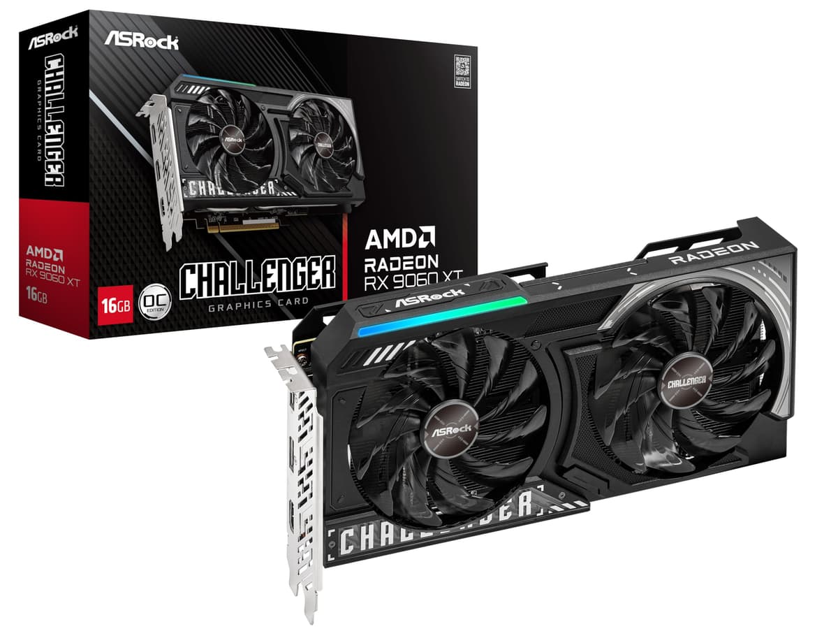 ASRock Radeon RX 9060 XT Challenger 16GB GDDR6 OC Tarjeta Gráfica | Boost 3300 MHz | Doble Ventilador | Refrigeración 0 dB | Backplate de Metal | PCIe 5.0 | DisplayPort 2.1a, HDMI 2.1b