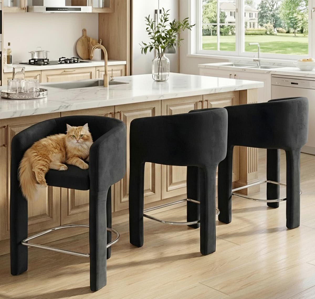 HNY Set de 3 banquetas altas de 26" con respaldo tipo barril, terciopelo negro