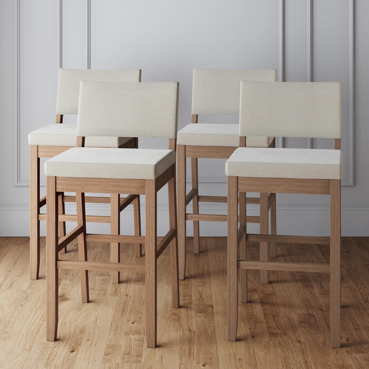 Nathan James Linus Modern Bar Stool con Respaldo y Patas de Rubberwood, Natural Flax/Light Brown, Juego de 4 22001-4