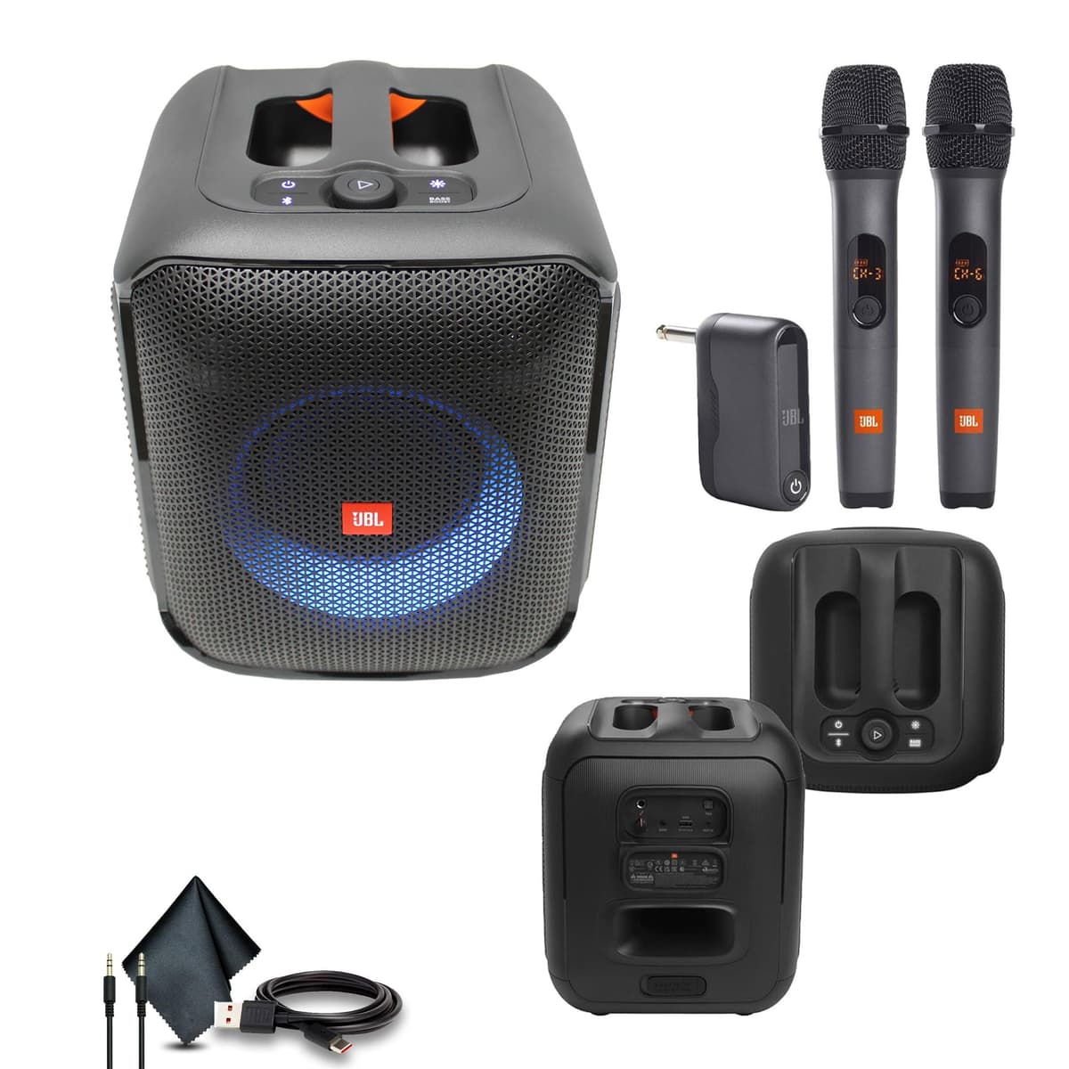 JBL Partybox Encore Essential, 100W de sonido, show de luces dinámico integrado y diseño resistente a salpicaduras (JBLPBENCOREESSAM) + sistema inalámbrico de dos micrófonos con receptor + cable AUX + cable USB-C + más JBLPBENCOREESSAM_EDIW_2