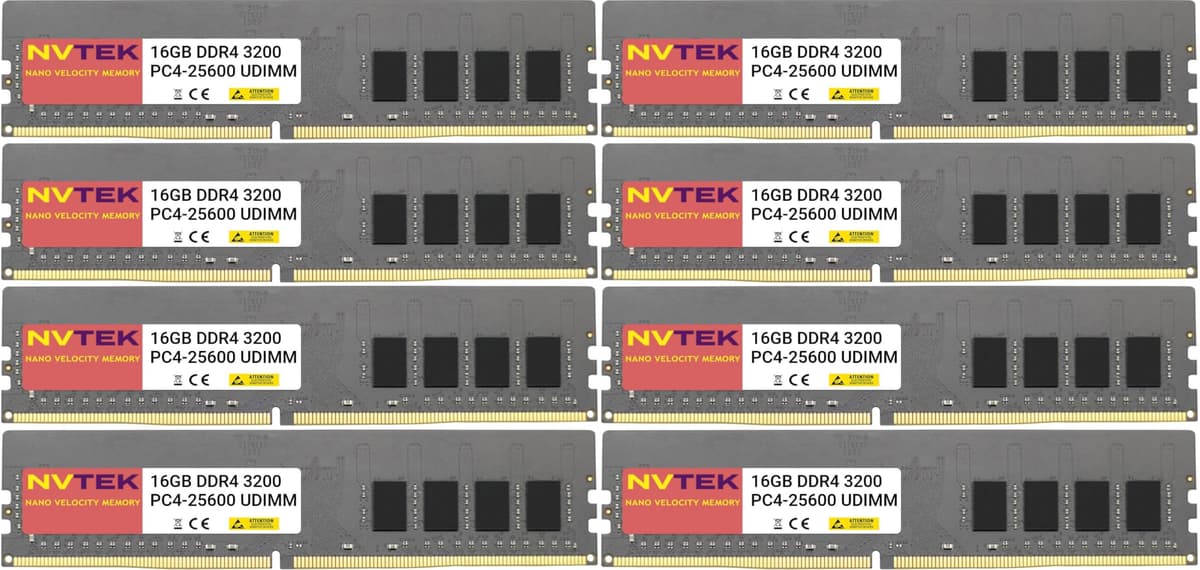 NVTEK Kit 128GB (8×16GB) DDR4 3200MHz UDIMM 1.2V CL22 288-pin No ECC 759170878604
