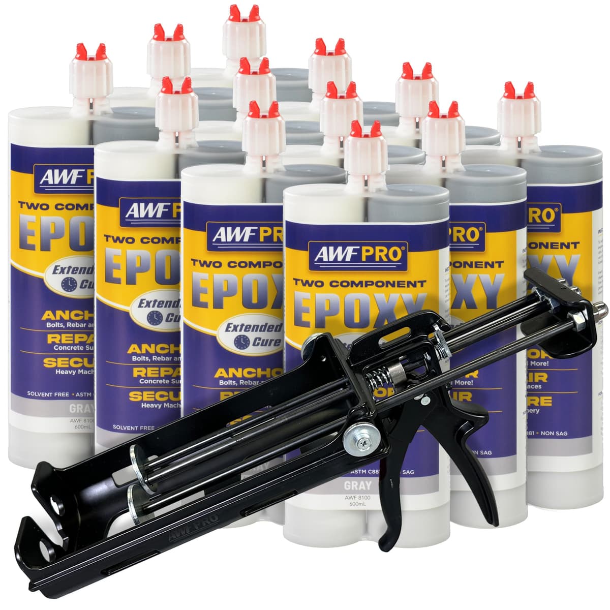 AWF PRO Epoxy Adhesive Extended Cure 20.2 oz with Dual Cartridge Caulking Gun, Pack of 12 KTAP 8100-CS