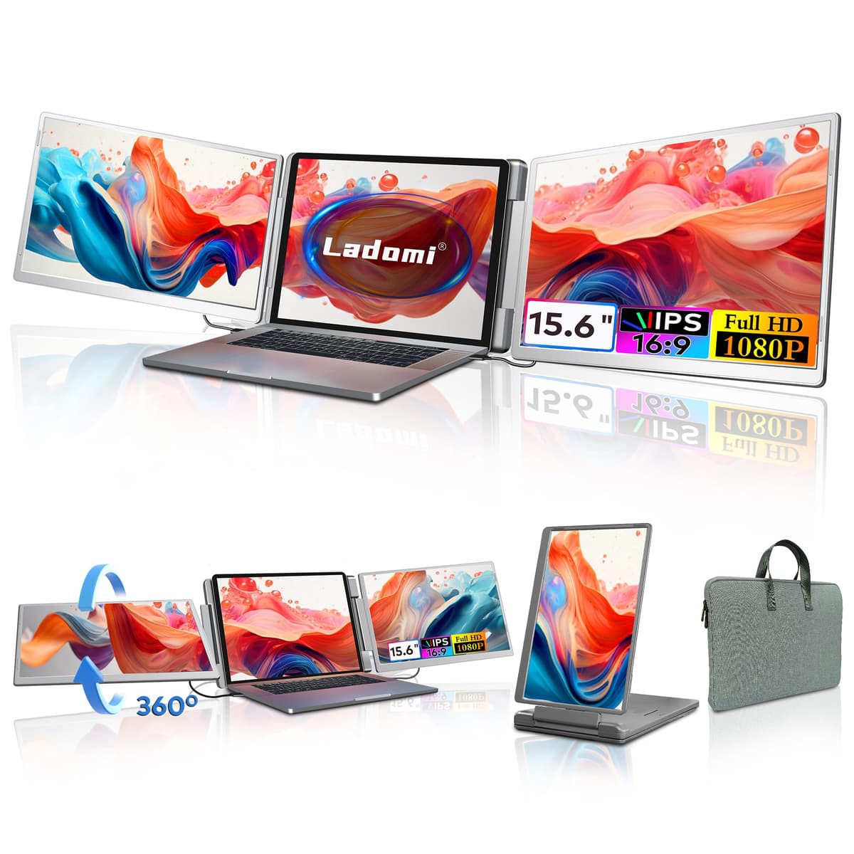 Ladomi Extensión de Pantalla para Laptop, Monitor Portátil FHD de 15.6", Monitor Triple para Laptops de 12"-18.5", Plug & Play, Rotación de Pantalla 360°, Compatible con MacOS/Windows/Switch/Surface S10