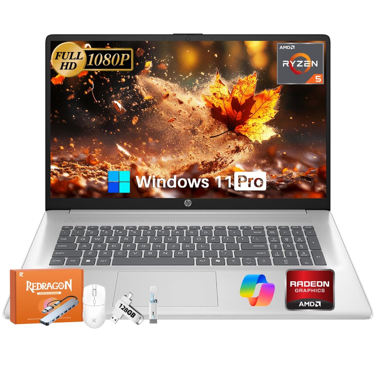 HP Laptop de 17 pulgadas, pantalla IPS antirreflejo FHD de 17.3" 300 nits, AMD Ryzen 5 7430U, gráficos AMD Radeon, 32 GB RAM, 1 TB SSD, tecla Copilot, Bluetooth 5.4, Wi-Fi 6, larga duración de batería, Windows 11 Pro 17-cp3401nr