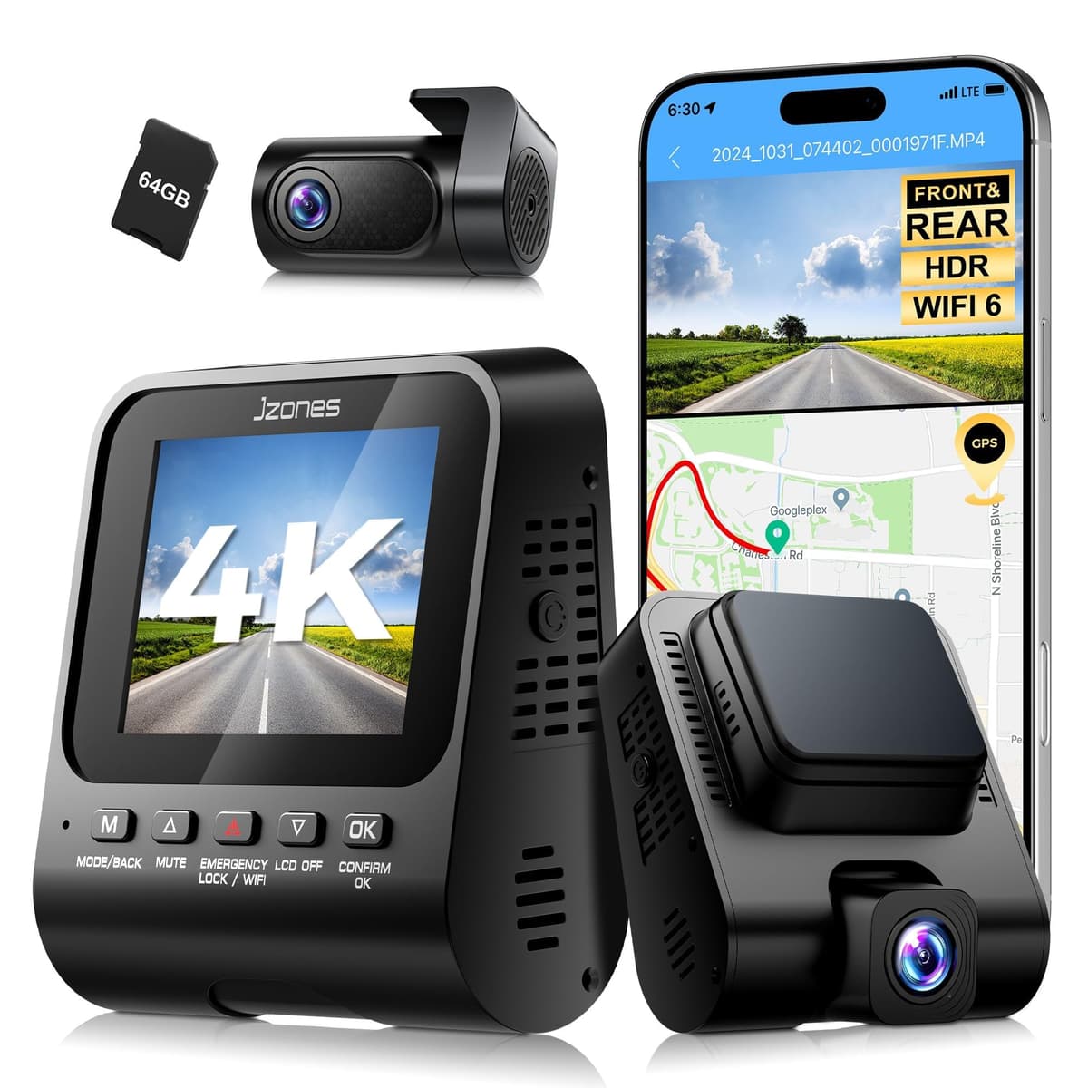 Jzones Dash cam dual 4K+1080P con visión nocturna, GPS, Wi-Fi y tarjeta 64GB incluida V620