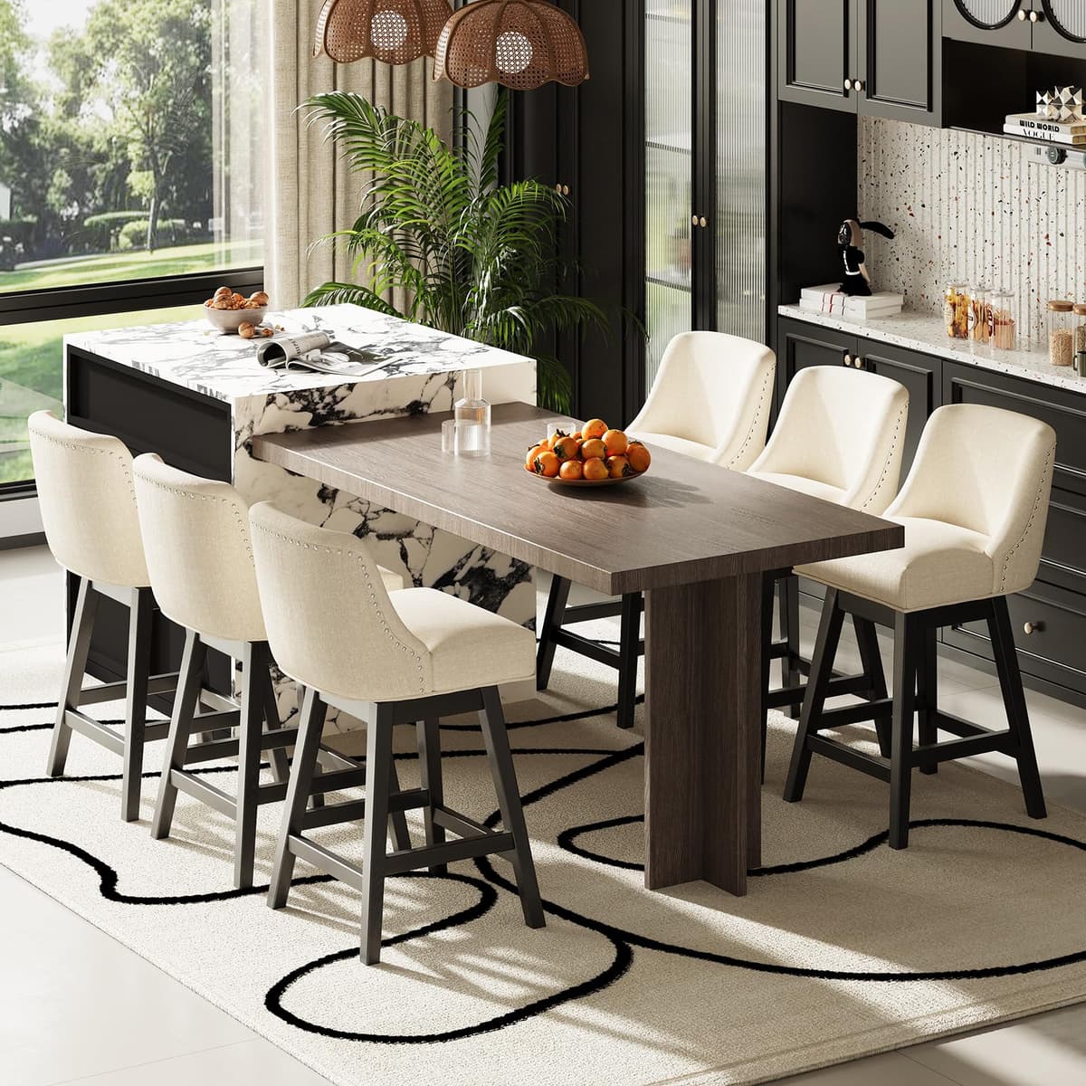 Juego de 6 Taburetes Giratorios MALOL de 27" para Barra de Cocina, Altura de Mesada, Asientos Acolchados y Patas de Madera Maciza, Taburetes Tapizados para Isla de Cocina o Rincón de Desayuno (Beige) Swivel Bar Stools