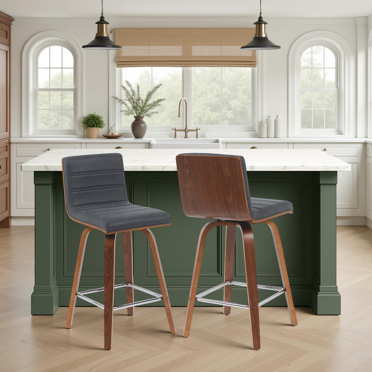 Armen Living Banqueta de Barra Giratoria Vienna de Altura Media con Asiento Tapizado Vintage en Negro y Estructura de Madera con Acabado Nogal Juego de 4 LCVIBAVBLWA264PC
