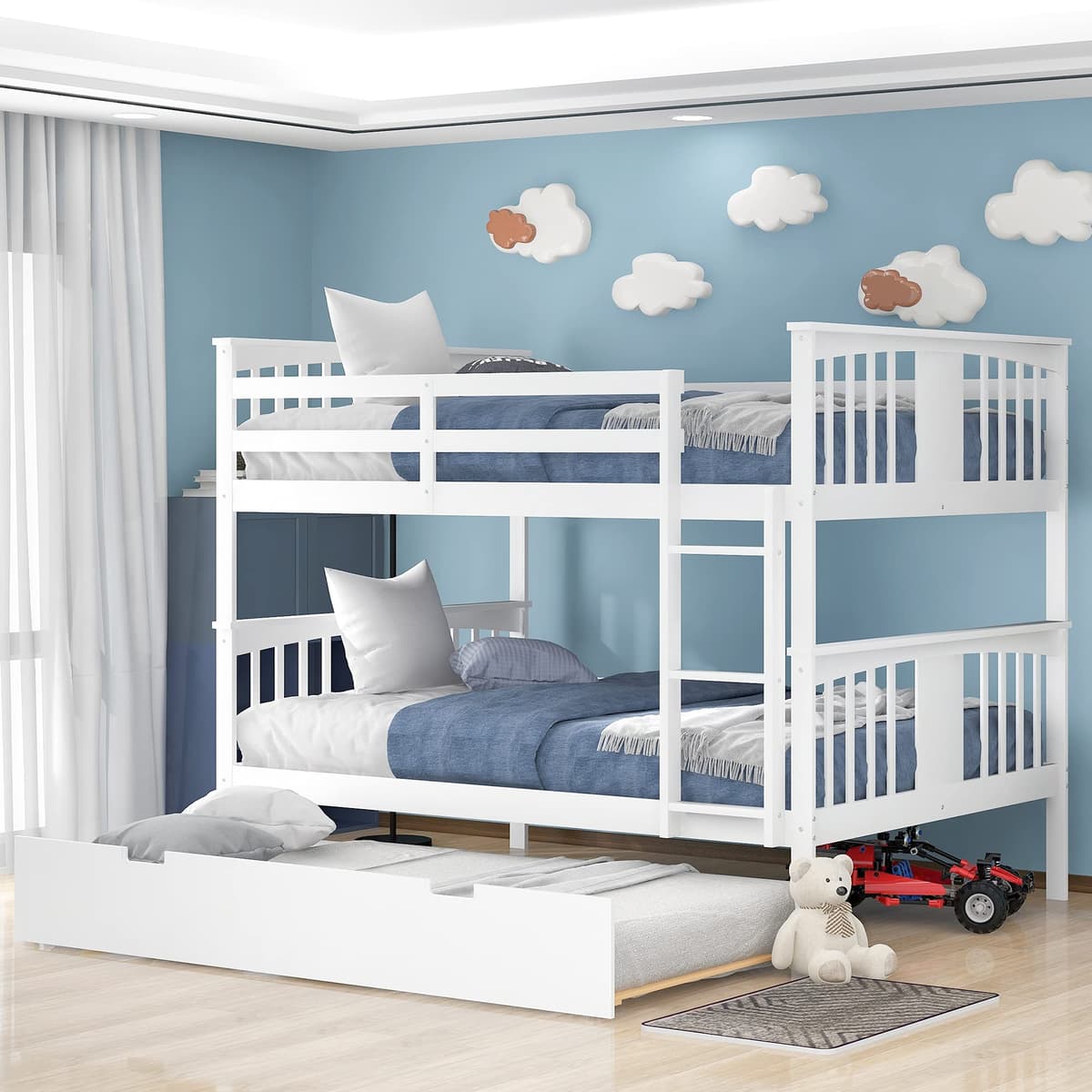 Lifeand Full Over Full Bunk Bed con Trundle Twin y Escalera, Convertible a 2 Camas, Blanco NO