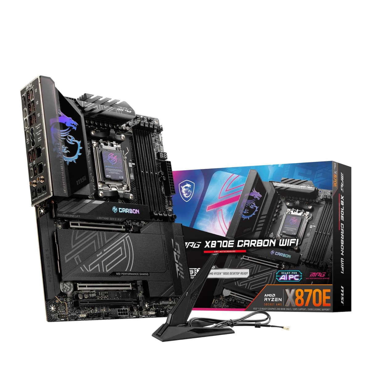 Placa base gaming MSI MPG X870E Carbon WiFi (Procesadores AMD Ryzen 9000/8000/7000, Socket AM5, DDR5, PCIe 5.0, M.2 Gen5, SATA 6 Gb/s, USB 40 Gbps, HDMI, Wi-Fi 7, Bluetooth 5.4, LAN 5 Gbps, ATX)