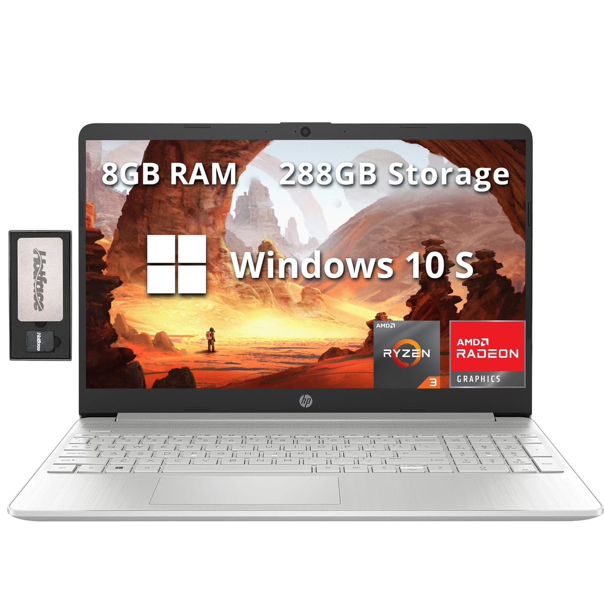 HP Laptop 15.6" FHD, Procesador AMD Ryzen 3-3250U, 8GB RAM, 288GB Almacenamiento (128GB SSD + Estación de Acoplamiento 160GB), Gráficos AMD Radeon, Teclado Numérico, Webcam HD 720p, WiFi, Windows 10S, Plateado