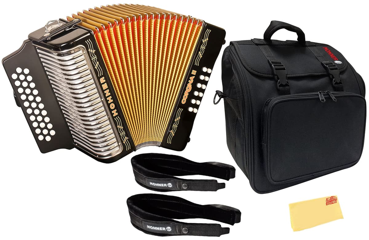 Hohner Corona II G/C/F Acordeón - Negro con gig bag y accesorios AUS-3500GB-2022-COMBO-DLX