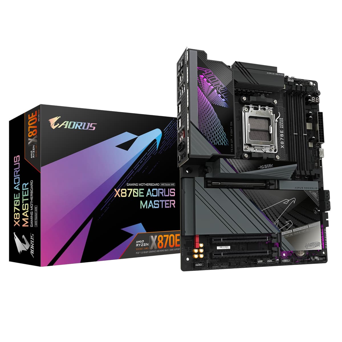Placa Madre GIGABYTE X870E AORUS Master - Compatible con CPU AMD Ryzen 9000, VRM Digital 16+2+2, hasta 8200 MHz DDR5 (OC), 4x PCIe 5.0 + 4x M.2, Wi-Fi 7, LAN 5 GbE, USB 3.2 Gen 2x2