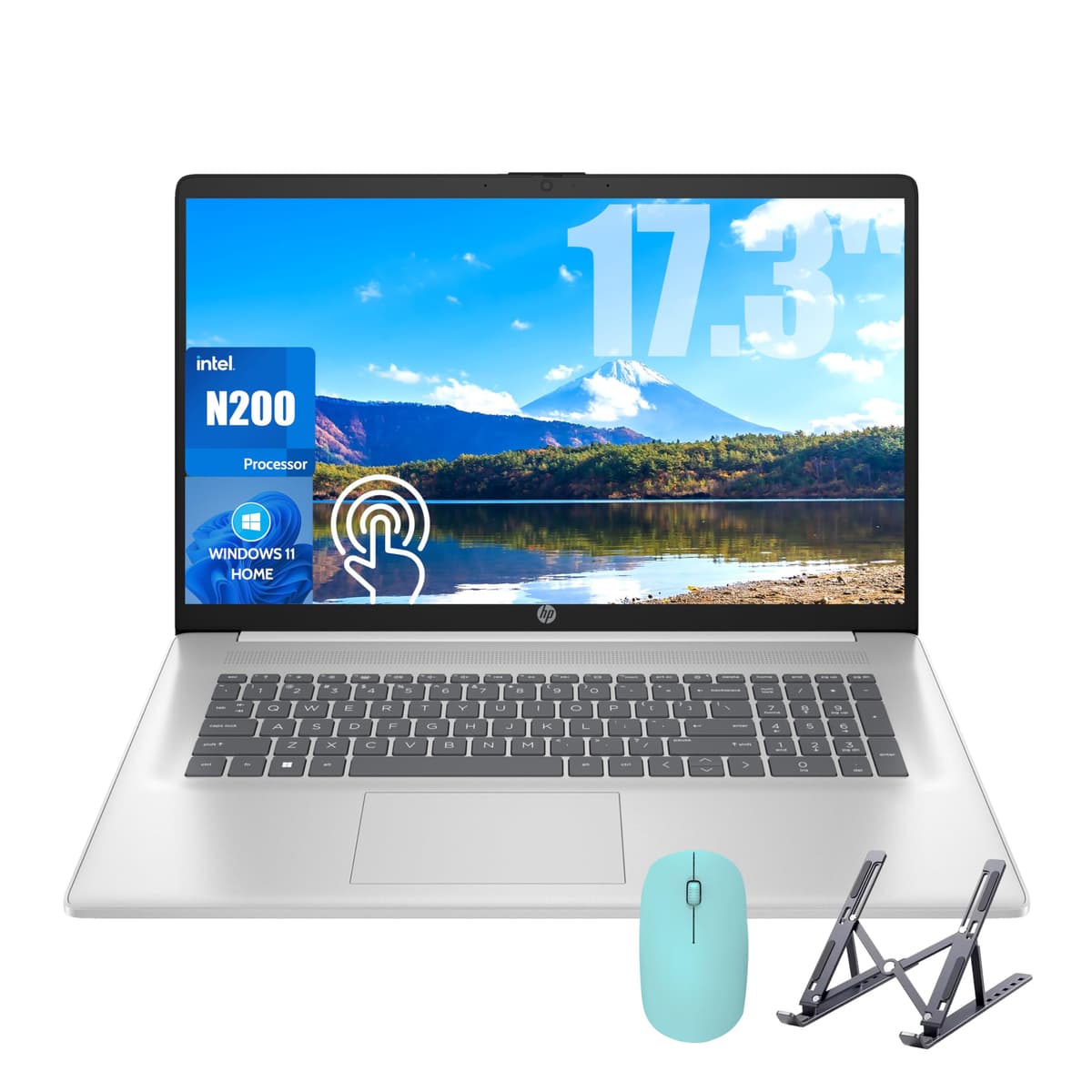 HP 17 Portátil, pantalla táctil de 17.3'', procesador Intel Quad-Core N200, 16GB RAM, 512GB SSD + 128GB SSD, cámara web, teclado numérico, Windows 11 Home, accesorio Fatcayes, blanco diamante (reacondicionado)